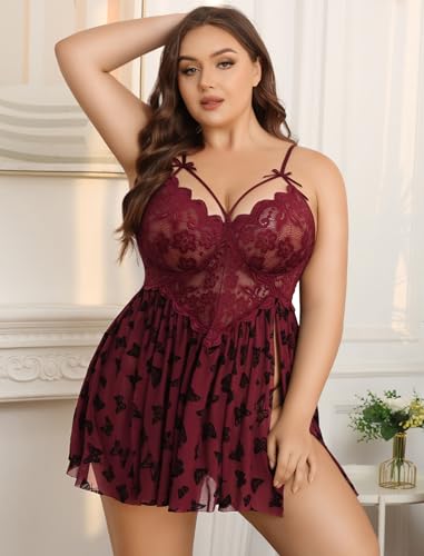 Image of Avidlove Plus Size Lingerie Lace Babydoll Womens Strap Chemise Nightgown V Neck Nighty Mesh Sleepwear Side Slit Nightdress