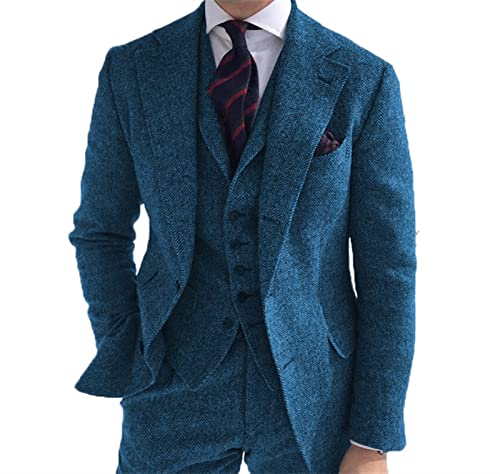 XYBB Herrenanzüge 3 Stück Grüne Wolle Tweed Heringbone Business Retro Classic PatternTuxedos for Hochzeit Blazer Hosen Weste (Color : Blue, Size : XS) Cover