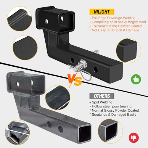 Image of Nilight Trailer Hitch Extension Riser for 2 Inch Receiver with 4 inch Rise or Drop with Bolt Nut Clip 7,500 lbs Capacity Adjustable Extend 5 inch 7 inch 9 inch Length Matte Black Powder Coated