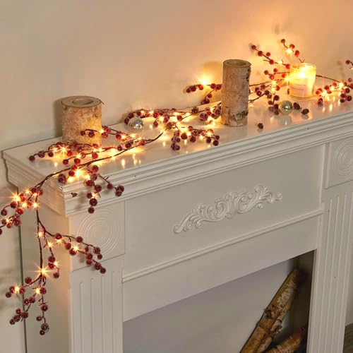 Vanthylit 6FT Red Berry Garland Lights, Battery Operated Christmas Garland with Timer, Lighted Berries Garland Decorations for Holiday Fireplace Mantel Mantle Table Window Staircase
