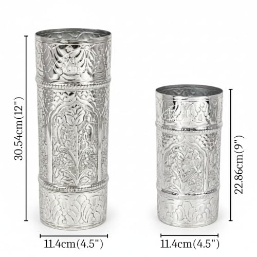 Image of Glass Shape Aluminum Flower Vase for Home Decor, Traditional Embossed Metal Flower Pot for Office Table Decorations, Modern vases, Gift for Festival, German Silver (Set of 2)