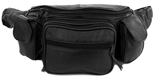 Roma Leathers New Large 8 Pocket Genuine Leather Waist Hip Lumbar Fanny Fannie Pack Bag Black with Dual Cell Phone Pockets and Dual Organizer (7089-BLK) + Key Ring Carabiner