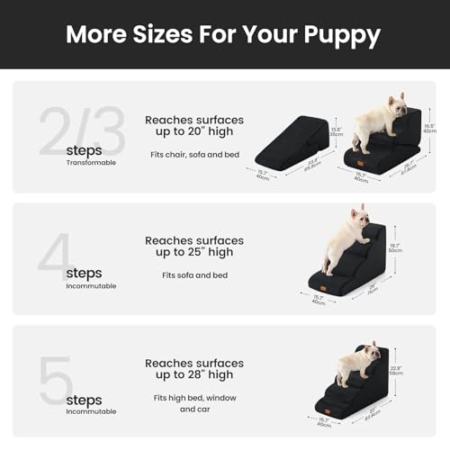 Image of Gardner Pet Dog Stairs for Small Dogs 16.5 inch H, 2 in 1 Transformable 3-Step Pet Stairs and Dog Ramp for Couch (13-20 in), Black Adjustable Pet Steps with Non-Slip Waterproof Cover and CertiPUR-US Foam