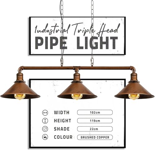 DC VOLTAGE Industrial Suspended Ceiling Pendant 3 Lamp Brushed Copper Metal Water Pipe Vintage 22cm Shade with Hanging Chain Light Fitting for Living Room Home Decor & Improvement Essential