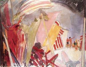 Peinture à l'huile Beach with xasols 1938 par Janos Vaszary 16x20 pouces