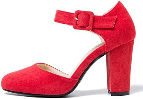 Women's Ankle Strap Pumps Block High Heel Closed Toe D'Orsay Mary Jane Shoes Suede Red 24.72cm Insole - US 8 | Image 4