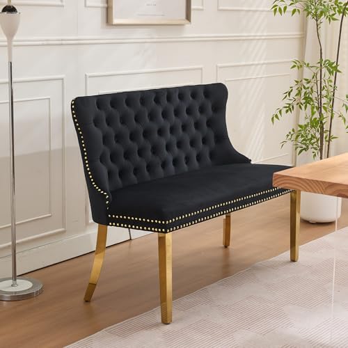 Image of 45.6''Velvet Dining Bench, Button Tufted Upholstered Dining Table Bench with Wing Highback, Nailhead Decoration, Small Loveseat Sofa with Gold-Plated Steel Legs, Mid Century Modern Seating, Black