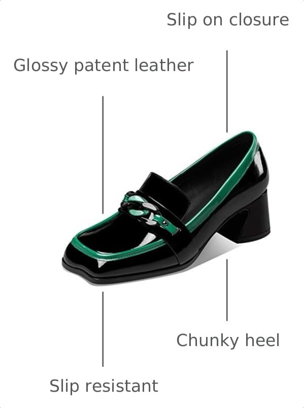 Image of TinaCus Women's Patent Leather Square Toe Chic Loafers | 2 Inch Chunky Heel, Handmade, Assorted Color, Chain