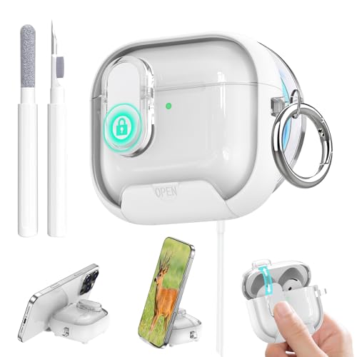 Image of Aircawin for Airpods 4 Case Clear,Secure Lock for Airpods 4th Generation Case Cover with Phone Stand and Magsafe Function,Auto Pop-up,Hybrid Protection Design with Carabiner&Cleaning Pen-White
