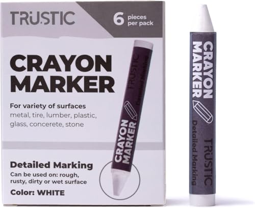 Universal Crayon Wax Marker for Industrial and Craft Detailed Marking on Lumber Metal Carton Ceramics Concrete Glass Plastic Tire, 4 x 1/2", Pack of 6 (White)