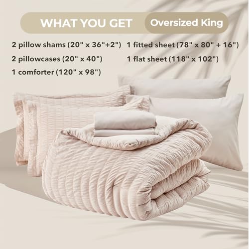 Image of HYMOKEGE Beige Oversized King Comforter Set Seersucker 7 Pieces, All Season Luxury Bed in a Bag for Bedroom, Bedding Set with Comforter, Sheets, Pillowcases & Shams