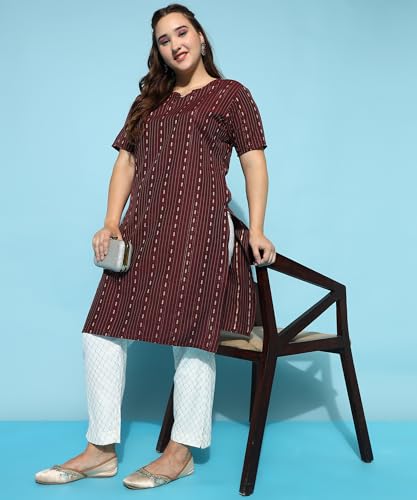 Image of Cotton Dobby Woven Design V- Neck Elbow Sleeves Knee Length Kurta for Women's