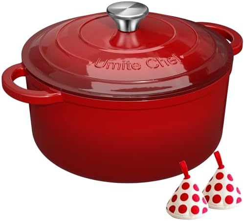 Enameled Cast Iron Dutch Oven - Umite Chef 5QT Pot with Lid & Cotton Potholders - Heavy-Duty Cookware for Bread Baking, Braising, Stews, Roasting(Red) - Thumbnail 2