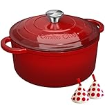 Enameled Cast Iron Dutch Oven - Umite Chef 5QT Pot with Lid & Cotton Potholders - Heavy-Duty Cookware for Bread Baking, Braising, Stews, Roasting (Red)