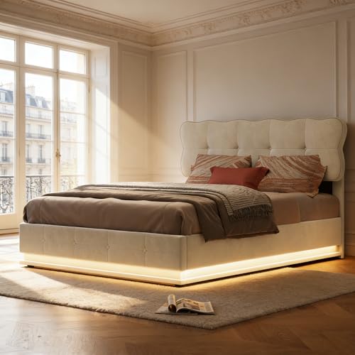 Lit Coffre 140x190 avec Sommier et Rangement - Lit Double en Velours Beige avec Éclairage LED - Cadre de Lit Adulte Style Moderne pour Chambre et Studio -...