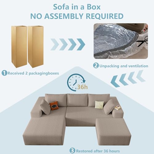 Image of 96 inch W Cloud Sectional Couch with Ottoman,Modern U-Shaped Cloud Couch with Deep Seat,Comfy Corduroy Sofa,Memory Foam Sofa for Living Room,No Assembly (Camel,Left-Facing Chaise)