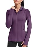 PINSPARK Workout Yoga Jackets for Women Full Zip Athletic Track Jackets with Pockets Lightweight Long Sleeve Running Tops Black Currant Large