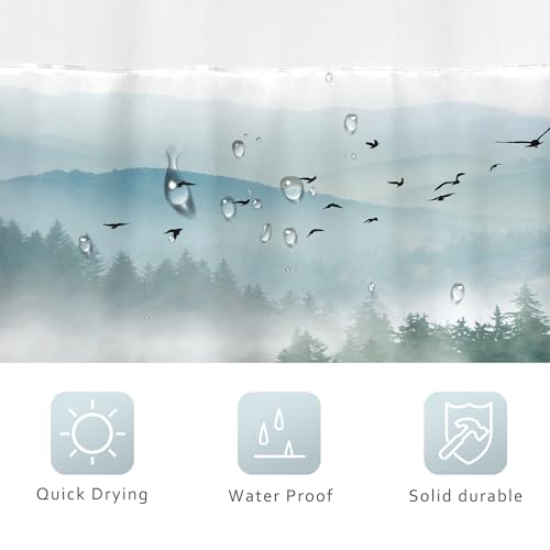 No Hook Green Shower Curtain with Snap in Fabric Liner，72Wx72H Inch Nature Mountain，Hookless Double Layer Shower Curtain and Liner Set，Pine Tree Scenery Waterproof Cloth Shower Curtains Washable by Riyidecor - Used condition - Image 6