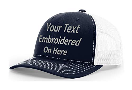 Custom Richardson 112 Hat with Your Text Embroidered Trucker Mesh Snapback Cap (Adjustable Snapback Split Colorway Navy/White)