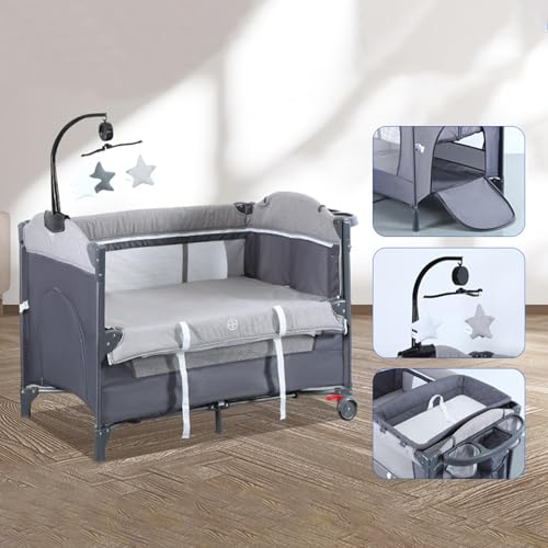 Multifunctional Crib, 3 in 1 Travel Crib, Portable Crib for Baby, Baby Bassinet Bedside Sleeper with Diaper Changer, Baby Playard with Adjustable Height, Easy to Install