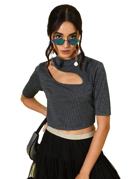 Image of Style Quotient Women Charcoal Grey Solid Cut-Out Detail Crop Top