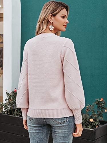 Miessial Women's Crew Neck Lantern Sleeve Sweater Pullover Elegant Knit Jumper Top (10, Pink) #TOP2