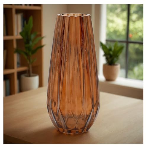 Image of SPHINX Decorative Glass Vase for Flowers Plants Home Decor Office Living Table Decorations, Vases for Home Decor, Luster Glass Vase,Modern - (Dark Amber Diamond Cut, 10 Inches)