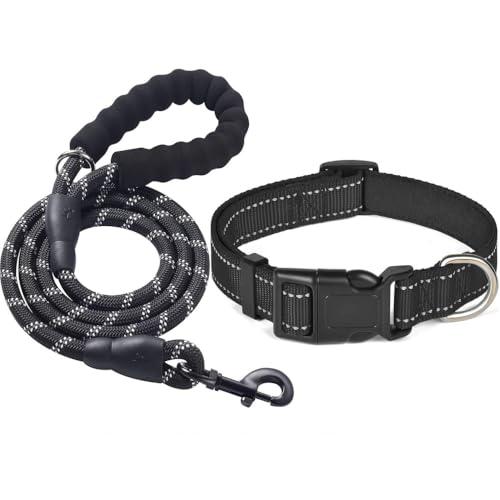 KOMUNJ Set collare e guinzaglio riflettente per cani, collare regolabile, guinzaglio in nylon resistente per cani di taglia media e grande (Nero, M)