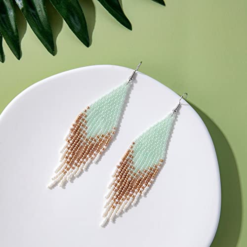 Native Beaded Tassel Earrings Boho - Handmade Seed Bead Statement Fringe Drop Earrings For Women Dangling (Light Green) #TOP3