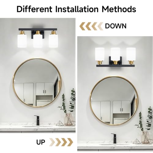 Image of 3-Light Vanity Lights Black and Gold Bathroom Light Fixtures 17in | White Frosted Ribbed Glass Shade Modern Black Vanity Lights Bathroom Lighting Fixtures over Mirror Wall Sconces E26 Base