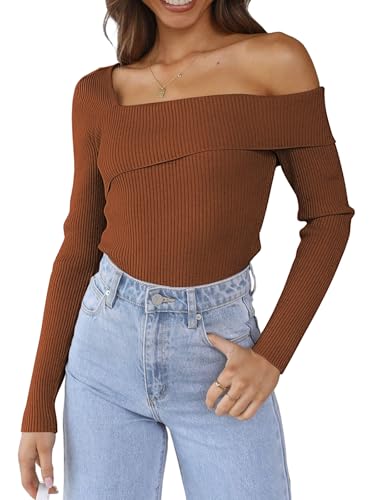 Image of LILLUSORY Womens Off the Shoulder Sweaters Going Out Fall Top | Flattering Ribbed Knit Bodycon Pullover for Date Night,Chic Asymmetric Neckline,Stretchy Holiday Party Clubwear Clothes