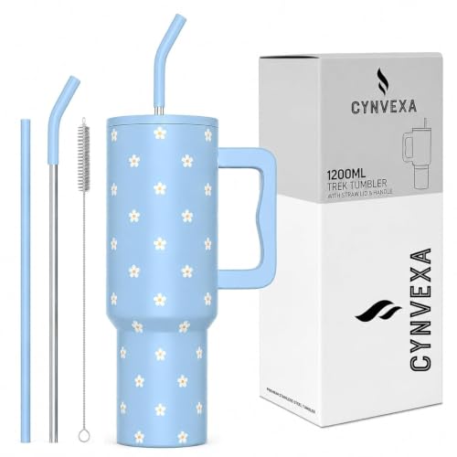 Image of CYNVEXA Tumbler with lid and Straw 1200ML Cup Stainless Steel Vacuum Insulated Tumbler for Water, Iced Tea or Coffee 1.2L Office Gym Travelling(Retro Mint Flower)