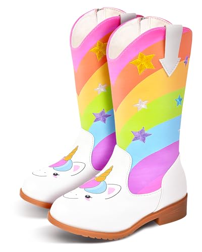 Toddler Girls Cowboy Boots Unicorn Cowgirl Boots for Girls Zipper Mid Calf Kids Western Boots for Costume Party Birthday Dance