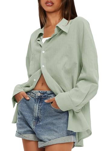 Darong Womens Cotton Button Down Shirt Casual Long Sleeve Blouse Loose Fit Collared Work Gauze Tops with Pocket 9214 Light Green M