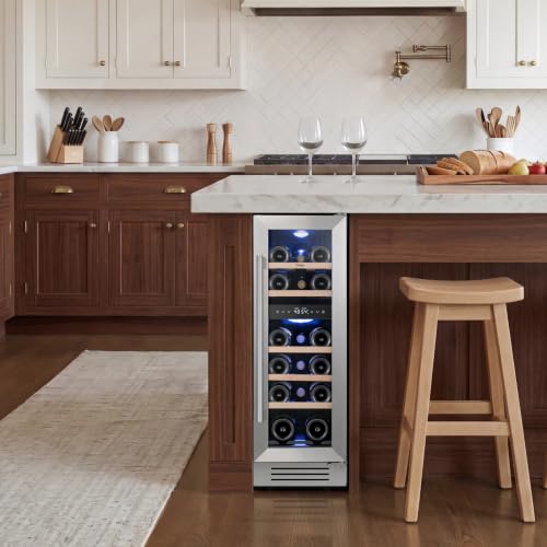 Image of Yeego Wine Fridge Cooler - 12 Inch Wine Fridge Hold 17 Bottles, 40-65F Dual Zone Wine Refrigerator Glass Door, Built in, Freestanding or Under Counter Fridge for Home Bar Office