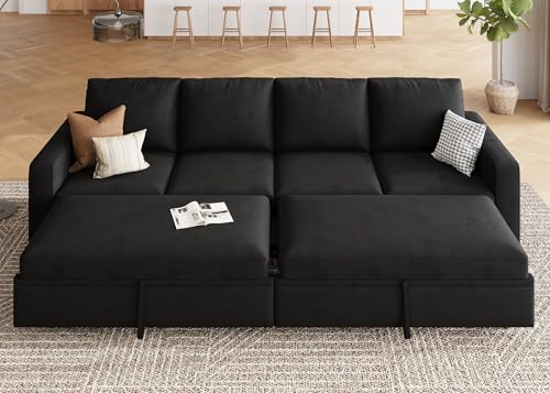 Image of HONBAY Modular Sectional Sleeper Sofa Bed, with Pull Out Bed, Linen Convertible Sectional Couches for Living Room - Black
