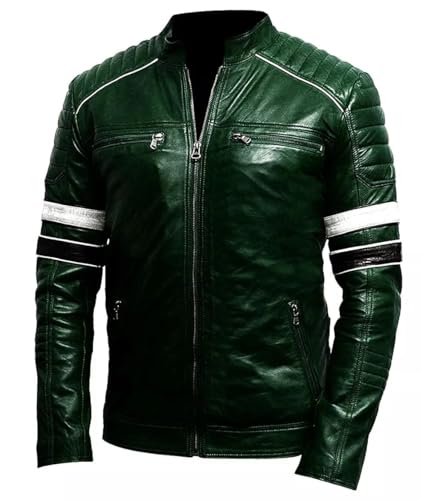 Men’s Classic Motorcycle Leather Jacket – Genuine Lambskin Cafe Racer with Striped Sleeves – Vintage Biker Style