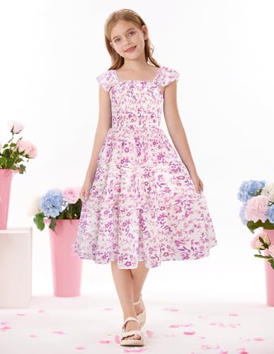GRACE KARIN Girls Floral Smock Dress Flutter Sleeves Flowing Tiered Layers Spring Summer Midi Holiday Boho Dresses 5-12Y