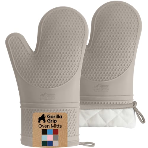 GORILLA GRIP BPA-Free Soft Silicone Oven Mitts, Heat Resistant and Waterproof Cooking Gloves, Thick Cotton Lining, Flexible Gripping for Baking Grilling, Kitchen Potholders Set of 2, 12.5x8.3, Almond