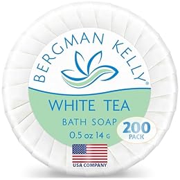 BERGMAN KELLY - Hotel Soap Bars - White Tea, 0.5 oz, 200 PK - Travel Size Luxury Bulk Amenities Bar Soap - Mini Individually Wrapped Round Soap - Small Toiletries for Airbnb, Motel, Guest Bathroom