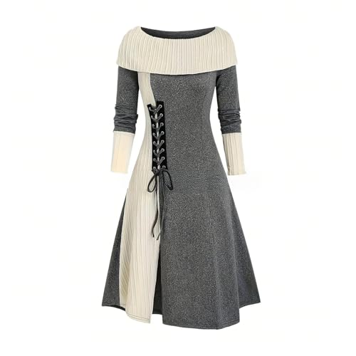 Vestido de punto para mujer, de manga larga, con retazos, casual, bloque de color, cuello redondo, con cordón, para otoño e invierno, elegante, vestido de fiesta, gris, M