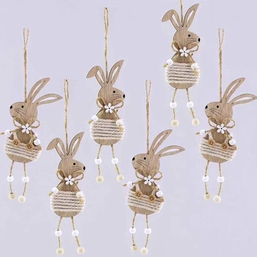 DAHI 6PCS Decorazioni Pasquali da Appendere, in Legno, Coniglietti Pasquali Decorativi, Coniglietto in Legno, Addobbi per Albero di Pasqua