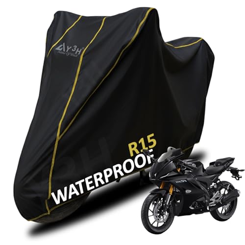 Image of Bike Body Cover R15 Full Body Cover with Waterproof, Dust Proof, UV Rays Protective, Tripple Stitching & Lightweight Two Wheeler Covers - Black with Waterproof Yellow Piping