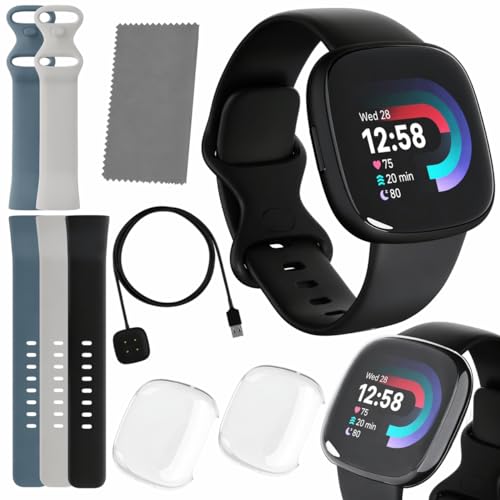Fitbit Versa 4 Smartwatch (Bundle) – GPS Fitness Tracker, 40+ Exercise Modes, Heart Rate, Sleep, Workout for Android & iPhone + Fast Charger, 2 Silicone Bands, Protection Shields, Cleaning Cloth