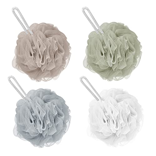 Shower Puff Loofah, 4 Pcs Extra Large Bath Sponge with Mesh Build - Body Scrubber for Exfoliate and Cleaning, 60g/PCS, 4 Color
