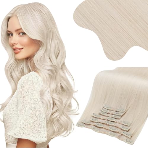 Image of Moresoo Clip in Hair Extensions Platinum Blonde Added Thickness 16 inch | Clip ins human hair, soft pearl blonde finish, 135g 7pcs, seamless design, heat-stylable straight hair for fuller styling