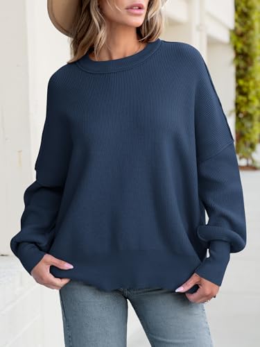 Image of ANRABESS Women Oversized Sweaters Batwing Long Sleeve 2026 Fall Outfits Crewneck Casual Knit Side Slit Fashion Pullover Top