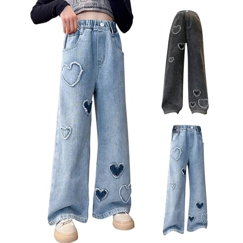 Children Kids Girls Fashion Jeans Classic Elastic Waist Denim Pants with Pockets Wide Leg Pants Causal Trousers