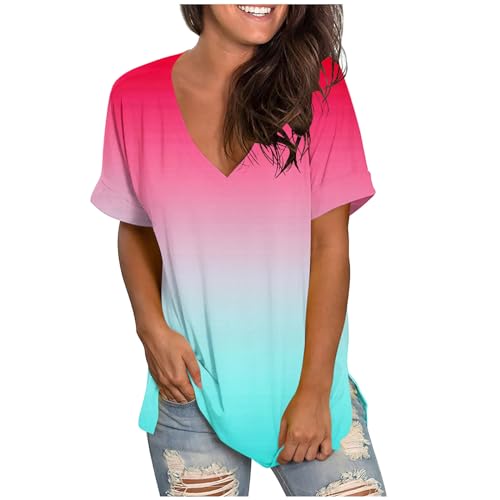 Vêtements fluo pour femmes - Hauts d'excursion - Décontracté - Impression dégradée - T-shirt grande taille ample - Manches courtes - Fente - T-shirt...