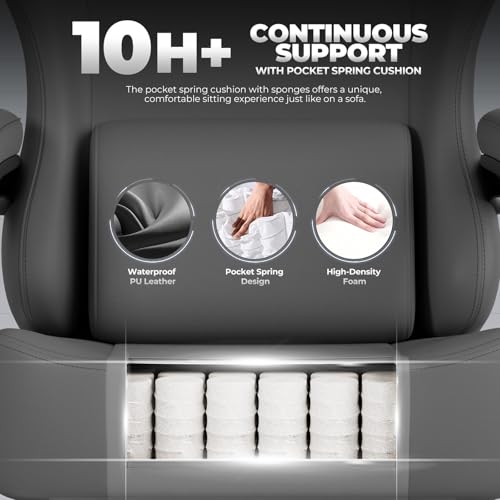 Image of GTPLAYER Gaming Chair with Pocket Spring Cushion, Big and Tall Gamings Chairs 350LBS High Back Computer Chair with Footrest for Adults Lumbar Support Swivel Game Chair for Office, Leather Grey